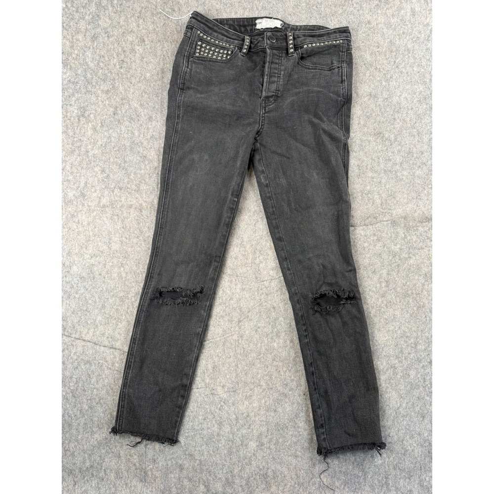 Free People Jeans Womens 28 Black Cotton Studded Skinny Distressed Boho Grunge